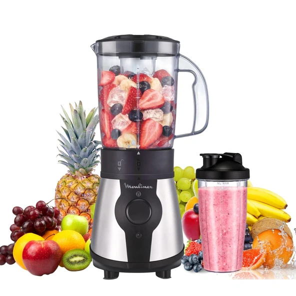 Moulinex Blend&Go LM1B1D 300W Mixer, Smoothie-Mixer mit 750 ml Kunststoffkrug, inklusive 750 ml tragbarer Flasche, 4 abnehmbaren Klingen, Edelstahloberflächen ürün görseli 1