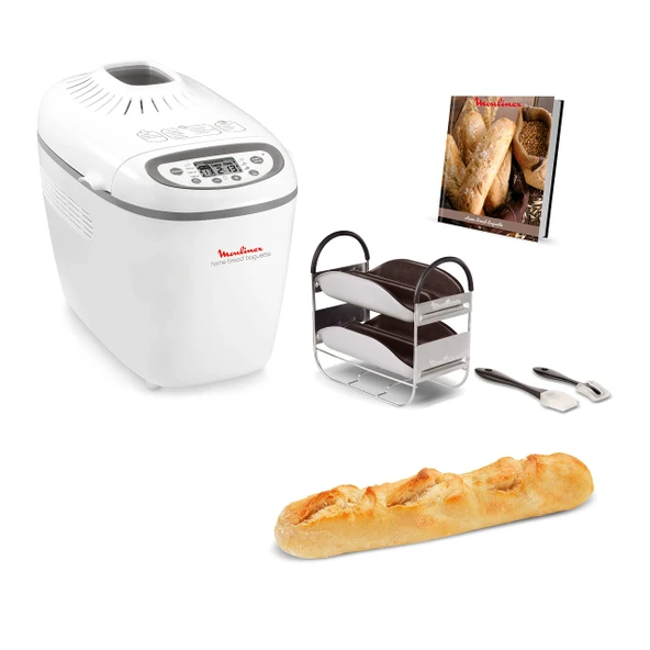 Moulinex OW6101 Ev Ekmek Baget ekmek yapma makinesi|1,5 kg'a kadar ekmek için|16 program|ev yapımı ekmek|yapışmaz ekmek tavası| Baget tepsileri ve tarif kitapçığı içerir | 1650W | 29x27x33cm beyaz ürün görseli 1