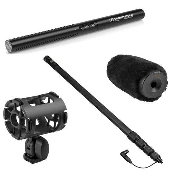 Sennheiser MKE 600 Shotgun Microphone Sche with H&A 4-Point Universal Shock Mount, H&A Carbon Fiber Telescoping Boom Pole, H&A Profesyonel Rüzgarı ürün görseli 1