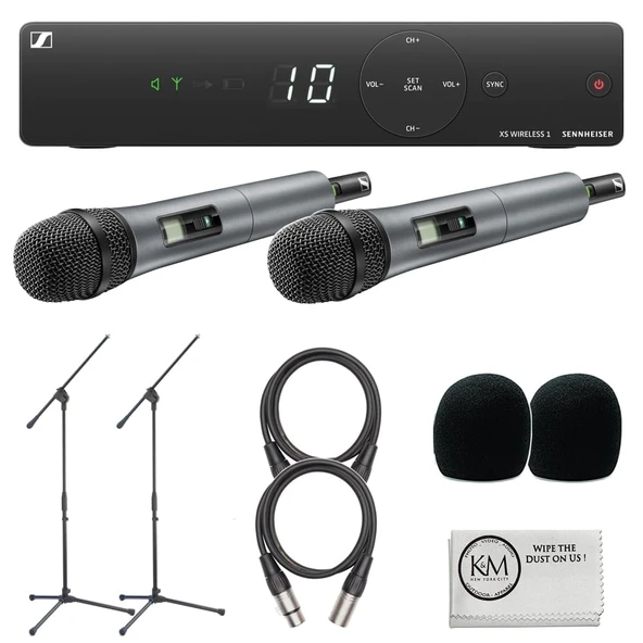 Sennheiser XSW 1-825 Dual-Vocal Set with Two 825 El Mikrofons | A: 548 to 572 MHz Sche with 2 XLR Cables + 2 x Windscreens + Microphone Stand + Temizlik Kumaşı (8 Madde) ürün görseli 1