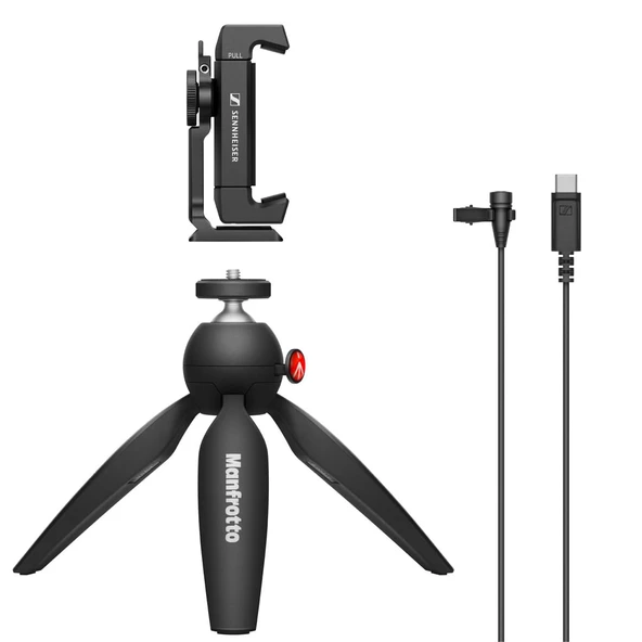 Sennheiser XS Lav USB-C Mobil Kiti | Çok Yönlü Klipsli Lav Mikrofon, Akıllı Telefon Kelepçesi ve Manfrotto PIXI Mini Tripod | USB-C bağlantı noktası ve 2M kablo içerir | Siyah (509259) ürün görseli 1