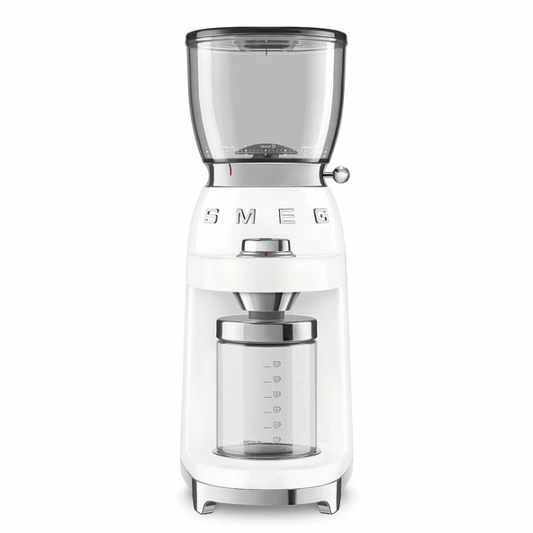 Smeg, kahve öğütücü CGF11WHEU, konik paslanmaz çelik öğütücü, 30 öğütme ayarı, 350 g kahve çekirdeği haznesi, birinci sınıf döküm alüminyum gövde, 150W, beyaz ürün görseli 1
