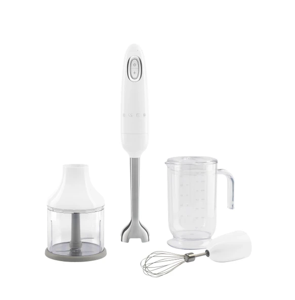 SMEG el Immersion Blender with Beaker, Chopping Bowl w/Lid, Wire Whisk, 5 Hız Kontrolleri, paslanmaz çelik Blades ve Ergonomi Tasarımı (Beyaz) ile yapılır. ürün görseli 1