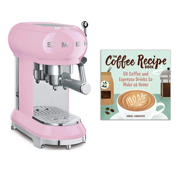 Smeg ECF01PKUS 50s Retro Style Espresso Machine Sche with The Coffee Recipe Book: 50 Kahve ve Espresso Drinks to Make at Home - Pink ürün görseli 1