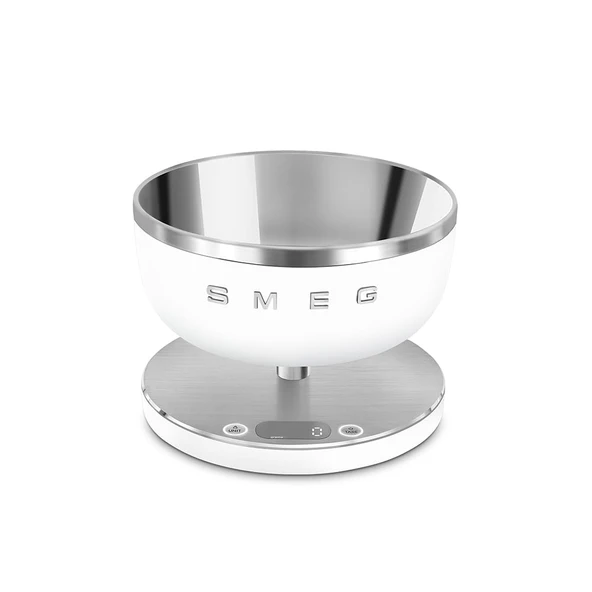 Smeg, dijital mutfak terazisi KSC01WHMWW, çıkarılabilir paslanmaz çelik hazne, dört ölçüm ünitesi g/ml ve lb.oz/fl.oz, dara fonksiyonlu, maksimum kapasite 5kg, beyaz ürün görseli 1