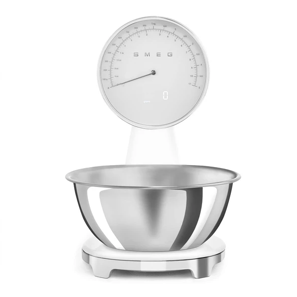 Smeg, Dijital ve Analog Mutfak Terazileri KSF01WHWW, Çıkarılabilir 1,8 L Paslanmaz Çelik Kase, Dört Ölçü Birimi g/ml ve lb.oz/fl.oz, Dara İşlevli, Maksimum Kapasite 5kg, Beyaz ürün görseli 1