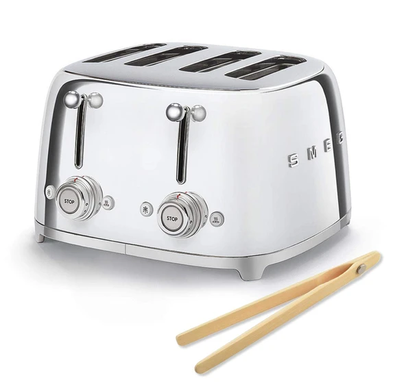 Smeg 50s Retro 4-Slot Toaster TSF03SSUS Hog with Bamboo Tongs - Chrome ürün görseli 1