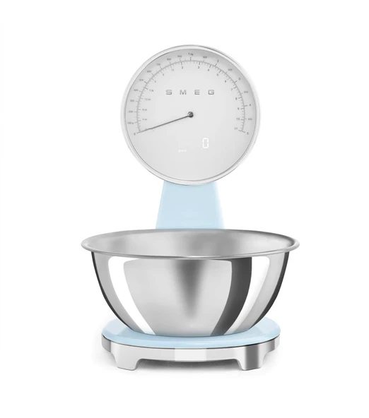 Smeg, Dijital ve Analog Mutfak Terazileri KSF01PBWW, Çıkarılabilir 1,8 L Paslanmaz Çelik Kase, Dört Ölçü Birimi g/ml ve lb.oz/fl.oz, Dara Fonksiyonlu, Maksimum Kapasite 5kg, Pastel Mavi ürün görseli 1