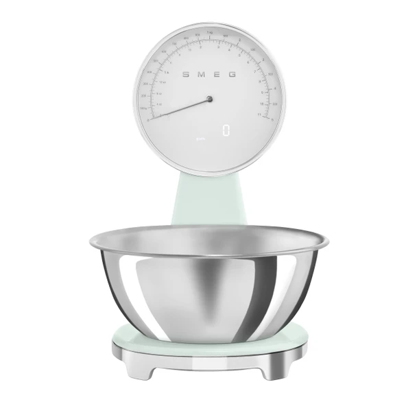 Smeg, Dijital ve Analog Mutfak Terazileri KSF01PGWW, Çıkarılabilir 1,8 L Paslanmaz Çelik Kase, Dört Ölçü Birimi g/ml ve lb.oz/fl.oz, Dara Fonksiyonlu, Maksimum Kapasite 5kg, Pastel Yeşil ürün görseli 1