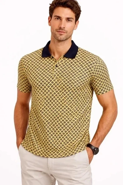 Erkek Pike Kumaş Polo Yaka Desenli Tişört Kısa Kol Yazlık T-Shirt - Sarı ürün görseli 1