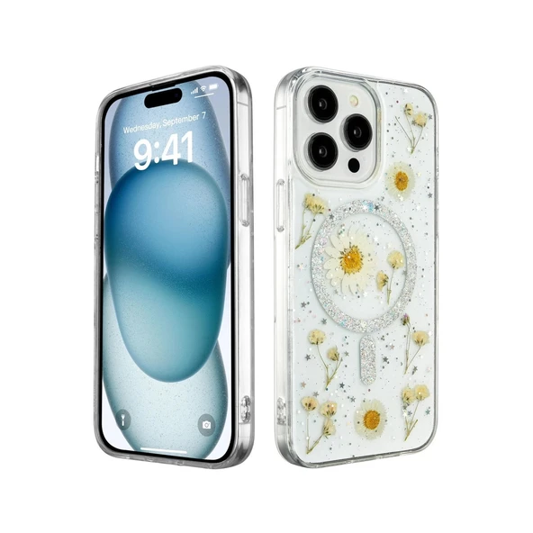 Apple İphone 14 Pro Max Kılıf Daisy Simli Magsafe Kapak - Gümüş ürün görseli 1