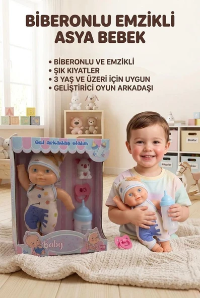 Oyun Arkadaşım Asya Bebek! 4 Parçalı Biberonlu Emzikli Hayvan Figürlü 18cm Eğitici Oyuncak Bebek ürün görseli 1