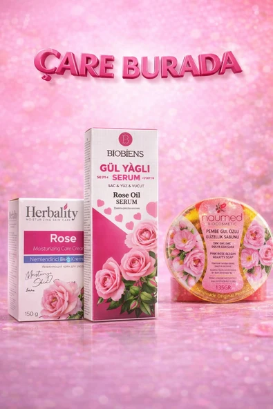 Gül Yağlı Serum 100 Ml (Saç & Vücut & Yüz) + Gül Özlü Nemlendirici Krem 150 g + Gül Özlü Güzellik Sabunu 135 gr ürün görseli 1