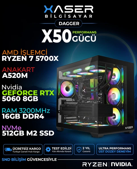 Xaser Dagger X50 Ryzen 7 5700X 16GB Ram 512GB M.2 NVMe SSD 8GB RTX5060 Sıvı Soğutmalı Oyuncu Bilgisayarı ürün görseli 1