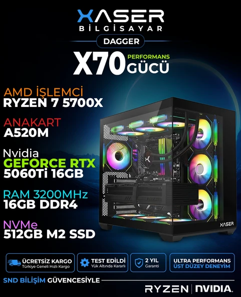 Xaser Dagger X70 Ryzen 7 5700X 16GB Ram 512GB M.2 NVMe SSD 16GB RTX5060 Ti Sıvı Soğutmalı Oyuncu Bilgisayarı ürün görseli 1