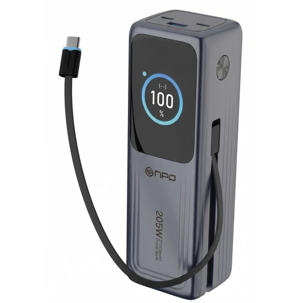 NPO WP001A 2xUSB-C,1xUSB-C Kablolu Led Ekranlı 205W 27.000mAh PD GaN3 Smart Powerbank ürün görseli 1
