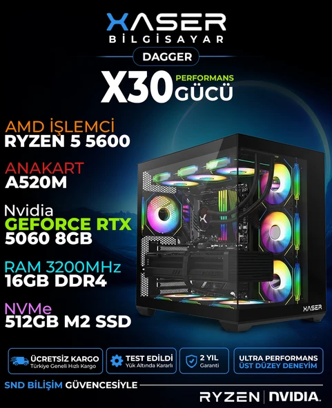 Xaser Dagger X30 Ryzen 5 5600 16GB Ram 512GB M.2 NVMe SSD 8GB RTX5060 Sıvı Soğutmalı Oyuncu Bilgisayarı ürün görseli 1