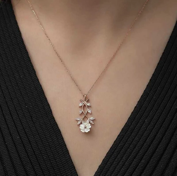Gümüş Rose Beyaz Bahar Çiçeği Kolye - Resim 3