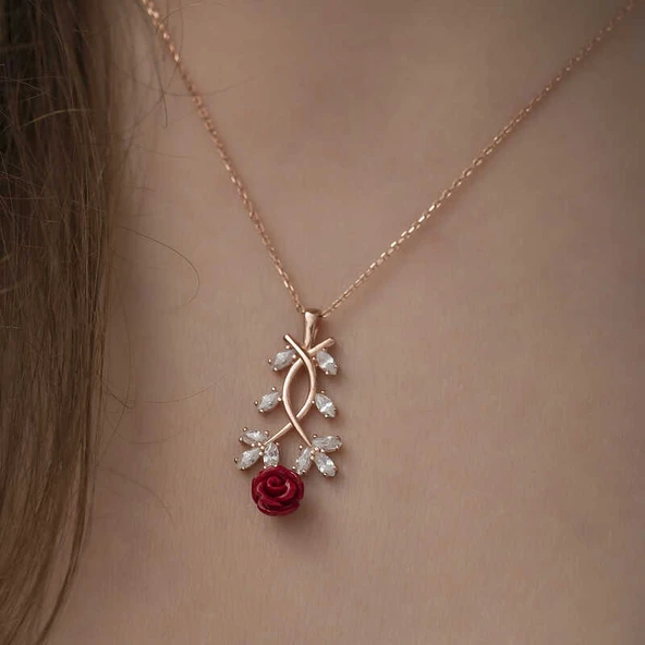 ​Gümüş Rose Kırmızı Gül Kolye - Resim 4