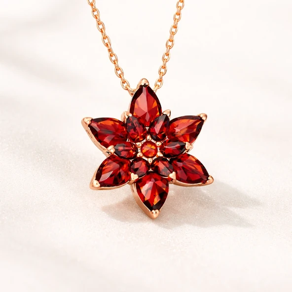 Gümüş Rose Kırmızı Lotus Çiçeği Kolye - Resim 2