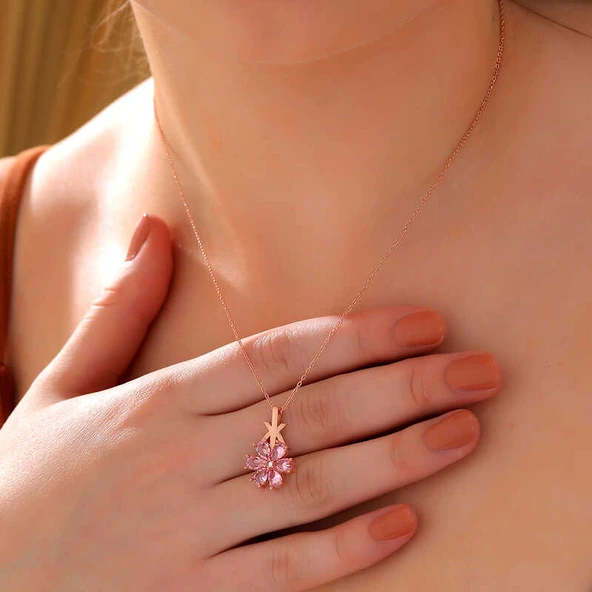 Gümüş Rose Pembe Sevgi Çiçeği Kadın Kolye - Resim 3