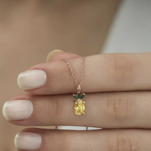 ​Gümüş Rose Ananas Figür Meyve Kolye - Resim 3