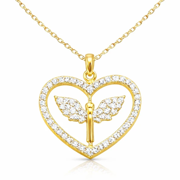 Gümüş Gold Mikail Meleği Figürlü Kalp Kadın Kolye ürün görseli 1