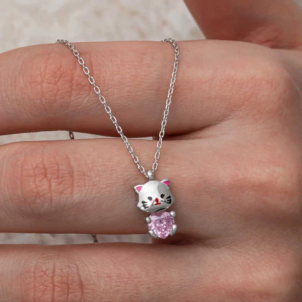Gümüş Pembe Taşlı Sevimli Kedi Kadın Kolye - Resim 2