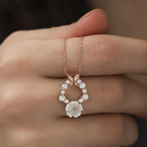 Gümüş Rose Bahar Çiçeği Kolye - Resim 4