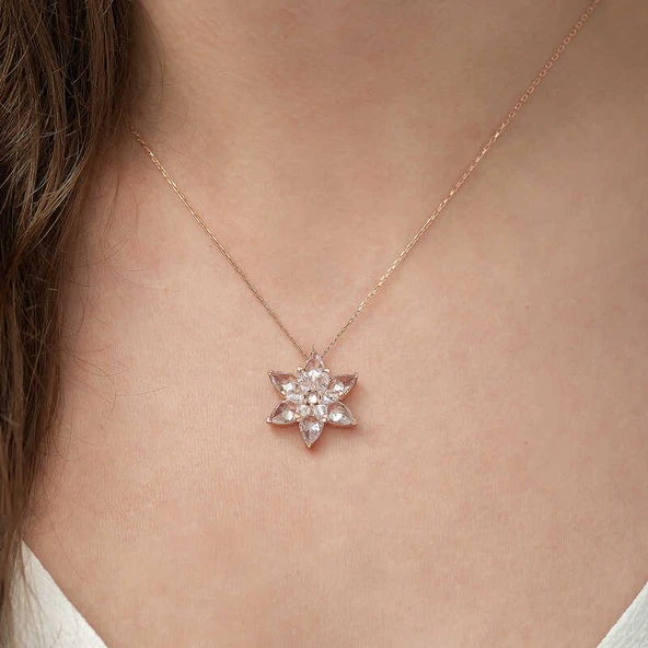 Gümüş Rose Beyaz Lotus Çiçeği Kolye - Resim 2