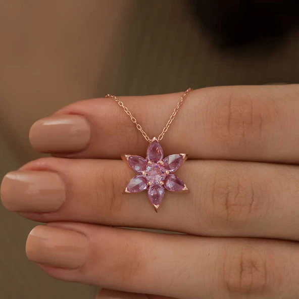Gümüş Rose Pembe Çiçek Kolye - Resim 3