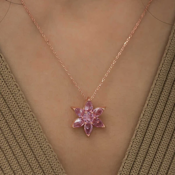 Gümüş Rose Pembe Çiçek Kolye - Resim 2