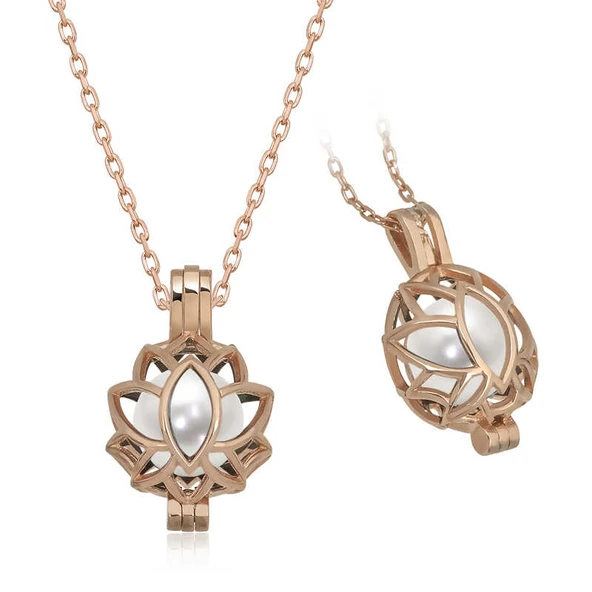 Gümüş Rose Beyaz İnci Kafesli Lotus Kadın Kolye ürün görseli 1