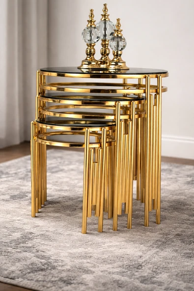 Çelsan Yuvarlak Sütun Model 3lü Zigon Sehpa Seti  Gold Metal Ayaklı Siyah Cam Yerli Üretim ürün görseli 1