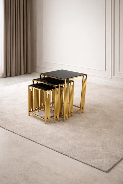 Çelsan Kare Evol 3’lü Gold Zigon Sehpa  Siyah Camlı Çubuklu Metal Tasarım  Yerli Üretim ürün görseli 1