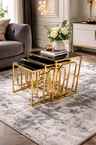 Çelsan Kare Hedef Gold Metal Ayaklı Siyah Cam Zigon Sehpa Seti  3 Parça  Yerli Üretim ürün görseli 1