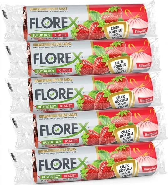 ŞeyliŞeyler - Florex Büzgülü Büyük Boy Çöp Torbası Çilek Kokulu 65x70 cm 10 Paket ürün görseli 1