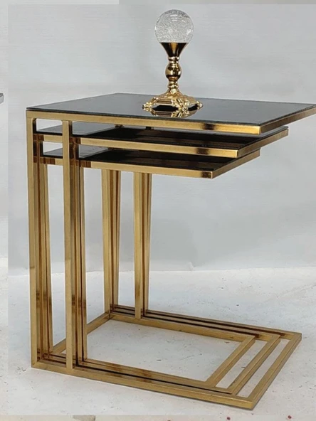 Çelsan Zipra 3’lü Zigon Sehpa Gold Metal Ayak Siyah Camlı ürün görseli 1