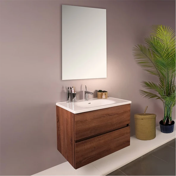 Kobos Simple 80 cm Çekmeceli Banyo Dolabı Seti Miling Oak - Resim 2