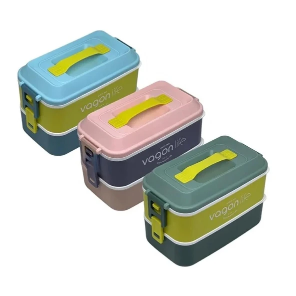 Vagon Beslenme Kutusu Lunch Box Paslanmaz Çelik 2 Katlı 2000 Ml 6744 (Karışık Renk 1 Adet) ürün görseli 1