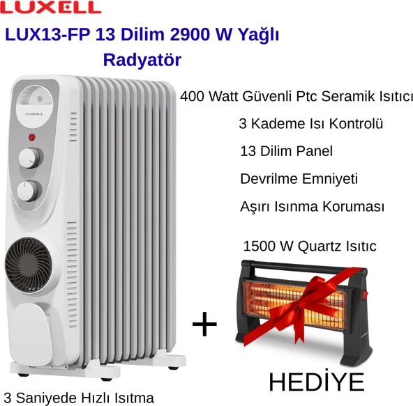 Luxell LUX13-FP-WG 13 Dilim Beyaz Gri 2900 W Yağlı Radyatör +1500 W Quartz Isıtıcı ürün görseli 1