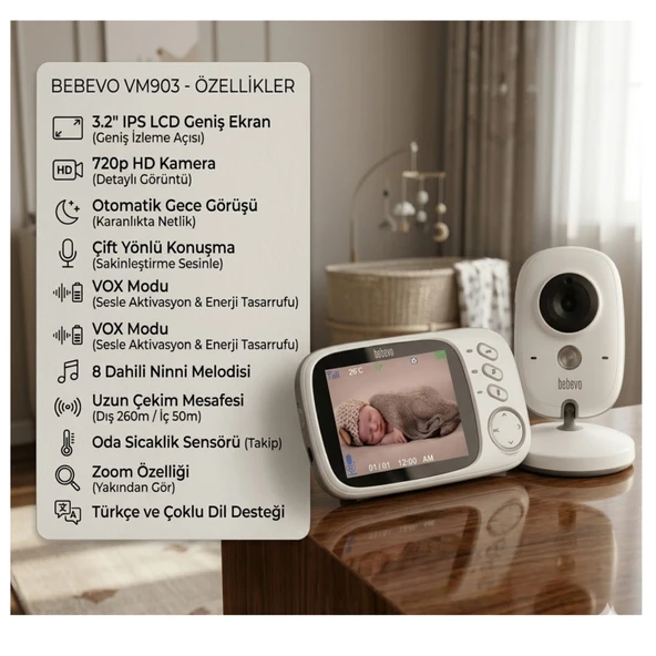 Bebevo BVMX903 Bebek Kameralı Güvenlik Monitörü, Beyaz ürün görseli 1