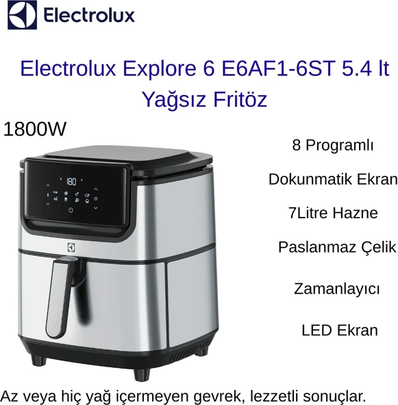 Electrolux  1800W E6AF1 Airfryer 8 Programlı 7 L Sepet Kapasiteli, 5.4 L Kızartma Kapasitesi Sıcak Hava Fritözü + Mutfak Hassas Tartı Hediye ürün görseli 1