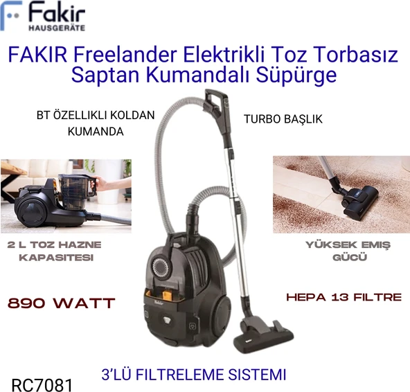 Fakır 890W Freelander Toz Torbasız Kumandalı Süpürge + Fakir Molly Turuncu Dijital Mutfak Tartısı Hediye ürün görseli 1