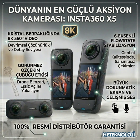 İNSTA360 8k X5 ,360 Derce Aktif Hdr, Döngü Kaydı,  Türkiye Resmi Distribütör Garantili ürün görseli 1