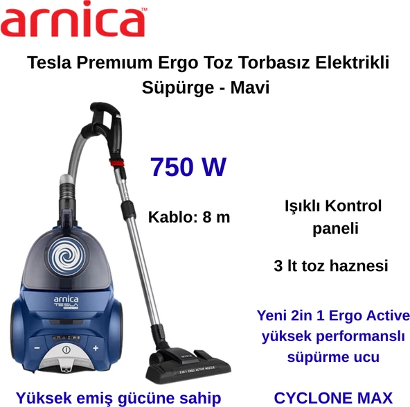 Arnica Tesla Ergo Active ET14340 750 W Toz Torbasız Elektrikli Süpürge Mavi + Hassas Mutfak  Tartısı Hediye ürün görseli 1