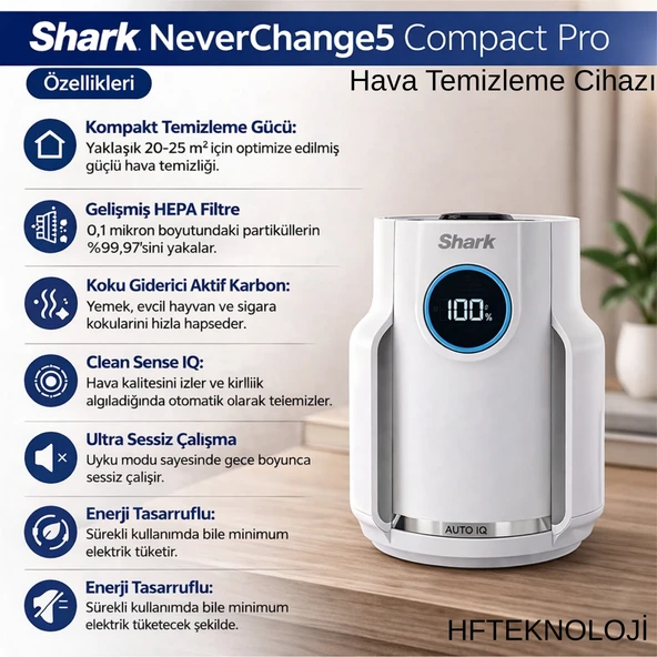 Shark Never 25 M2 Odalar Için Compact Pro Beyaz Hava Temizleyici + Dijital Mutfak Tartısı Hediye ürün görseli 1