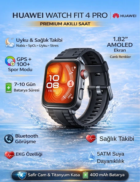 Huawei Watch Fit 4 Pro Siyah Kauçuk Kayış Akıllı Saat ürün görseli 1