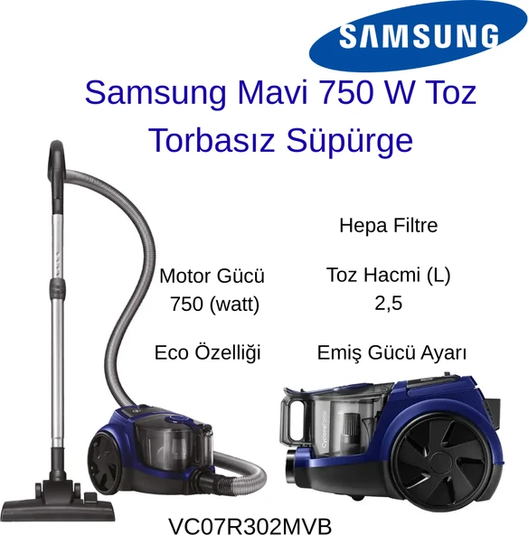 Samsung  VC07R302MVB Mavi 750 W Toz Torbasız Süpürge+Grundig Saç Düzleştirici Hediye ürün görseli 1