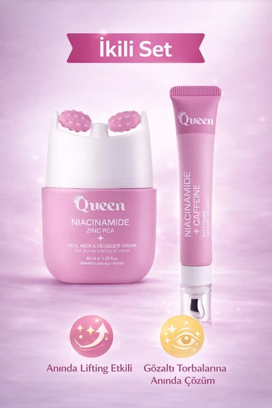 Queen İkili Cilt Bakım Seti – Niacinamide Zinc PCA Yüz Kremi + Niacinamide & Caffeine Göz Altı Serumu | Masaj Başlıklı, Lifting Etkili ürün görseli 1